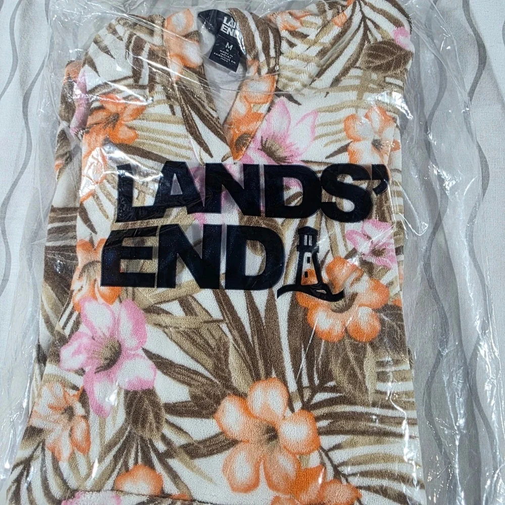 Lands End Girls White Tropic Palm Terry Cloth Hooded Swim Cover-Up Size M 8